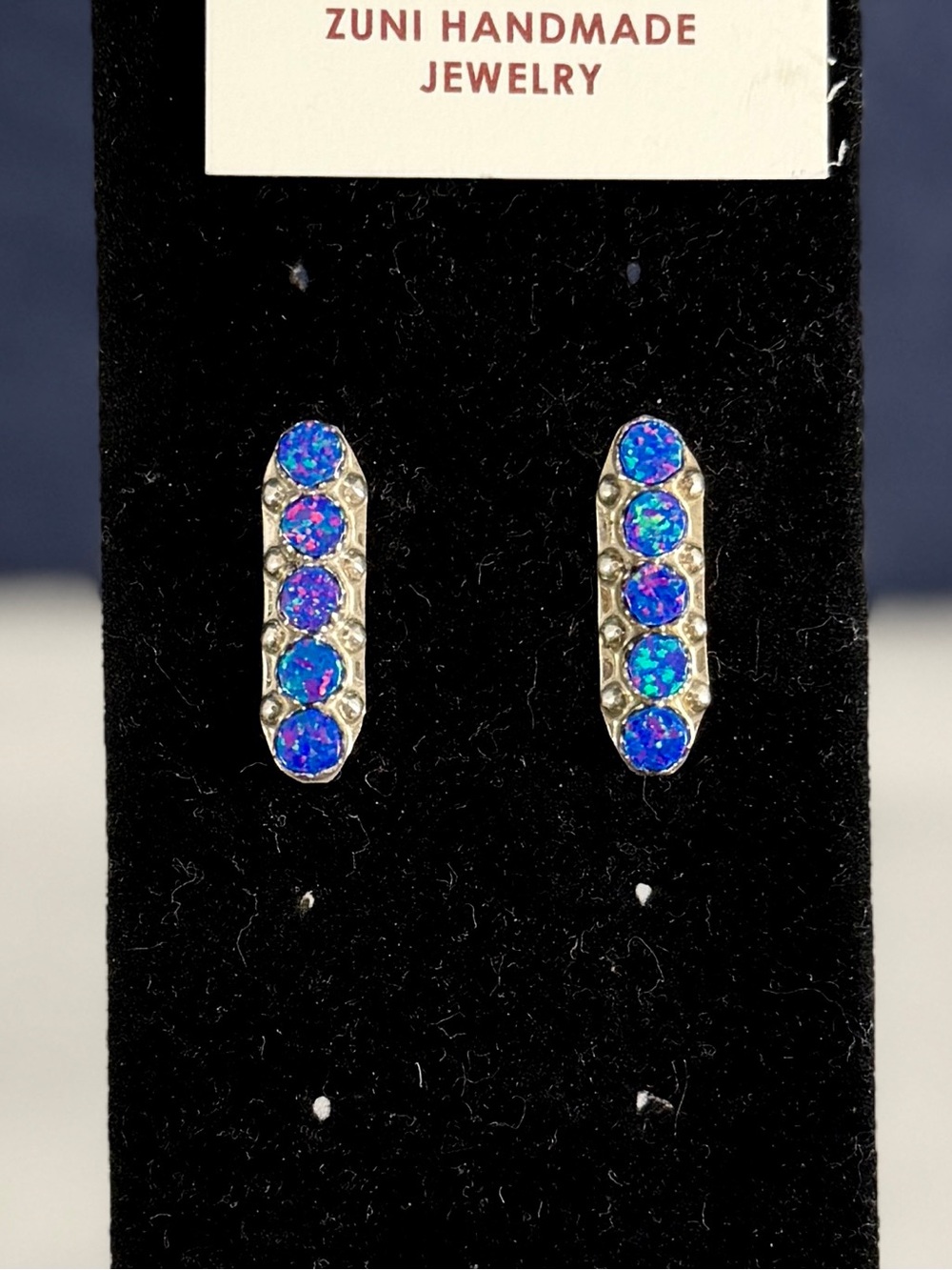 ZUNI Handmade Sterling Silver Blue Opal Bar Stud Post Earrings